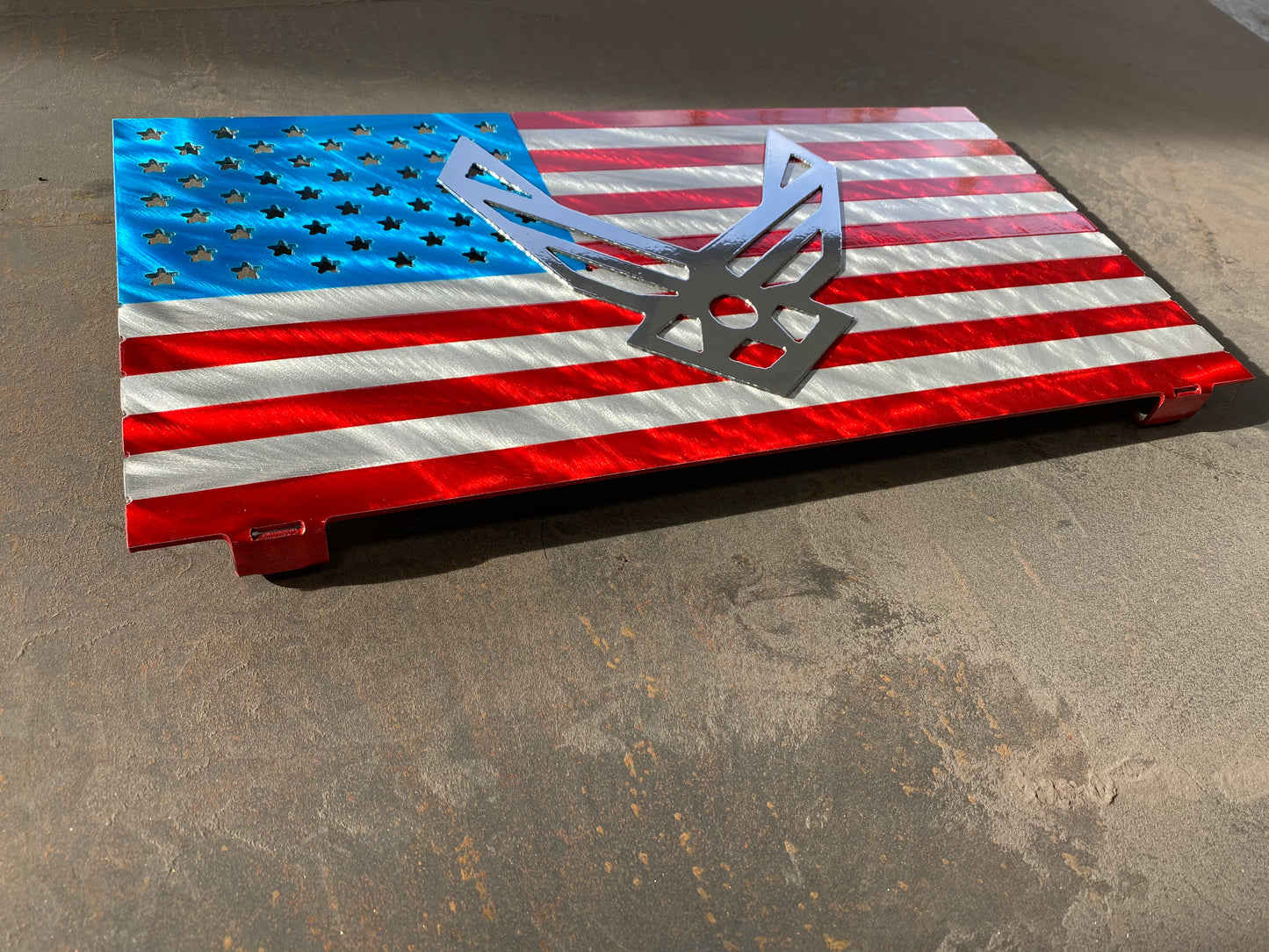 USAF Mini Flag, handcrafted aluminum Air Force tribute with a powder-coated finish for durability, made by CnS CnC.