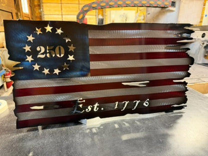 Metal Tattered American Flag 250th 1776