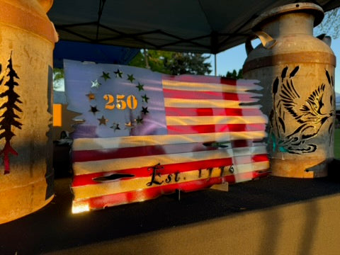 Metal Tattered American Flag 250th 1776