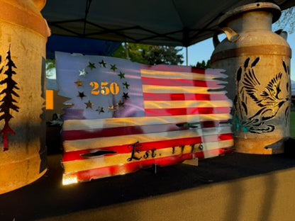 Metal Tattered American Flag 250th 1776