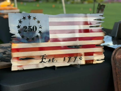 Metal Tattered American Flag 250th 1776