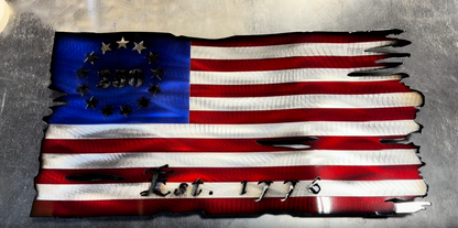Metal Tattered American Flag 250th 1776