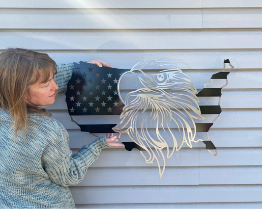 Black and silver metal USA outline with bald eagle centerpiece