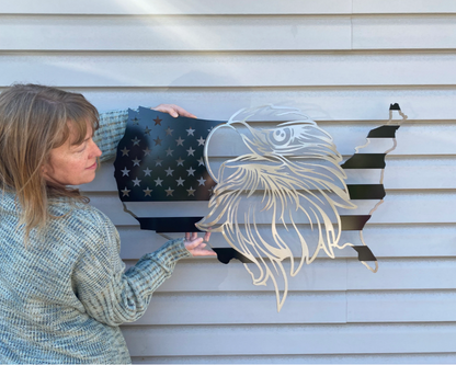 Black and silver metal USA outline with bald eagle centerpiece