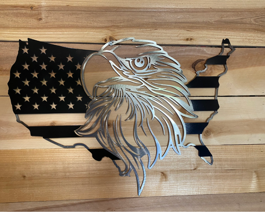 Black and silver metal USA outline with bald eagle centerpiece