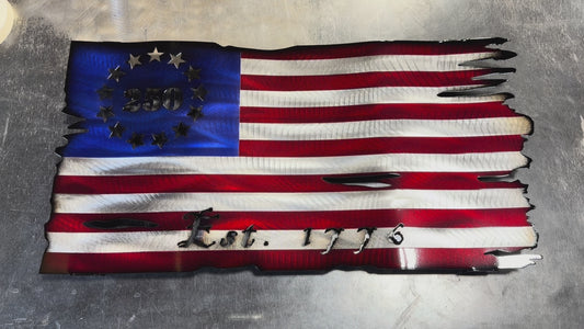 Metal Tattered American Flag 250th 1776