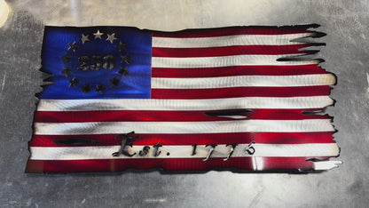 Metal Tattered American Flag 250th 1776