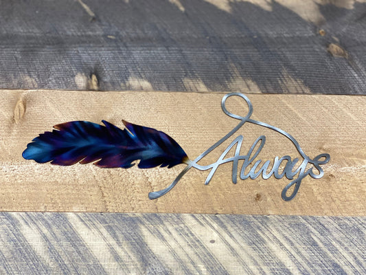 Always Feather metal wall art, handcrafted from American steel, heat-treated for blue and purple hues, and finished with a clear powder coat by CnS CnC.