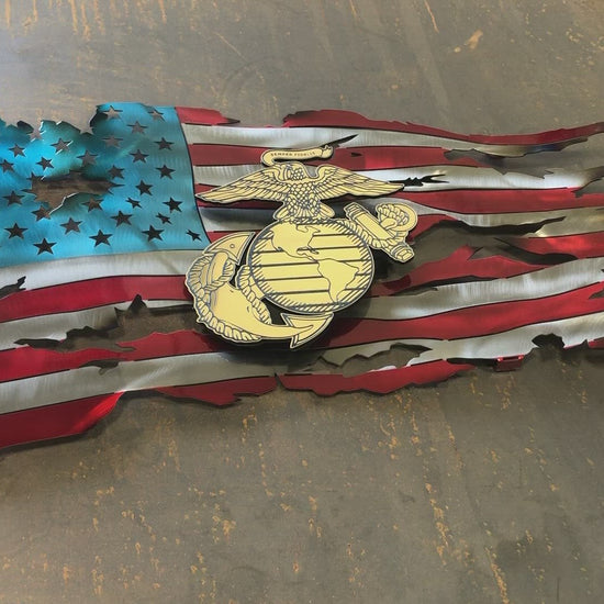 Marine Corps Premium Metal Flag with floating laser-engraved USMC insignia, powder-coated and detailed with hand-formed waves.