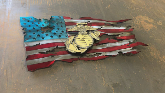 Marine Corps Premium Metal Flag with floating laser-engraved USMC insignia, powder-coated and detailed with hand-formed waves.