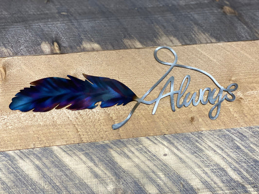 Always Feather metal wall art, handcrafted from American steel, heat-treated for blue and purple hues, and finished with a clear powder coat by CnS CnC.