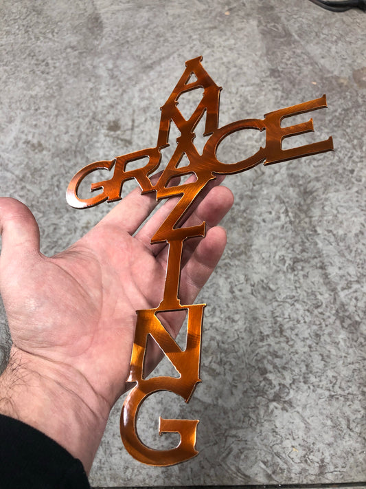 Amazing Grace Metal Cross, handcrafted from powder-coated metal with precision laser-cut details, perfect for home decor or gifts by CnS CnC.