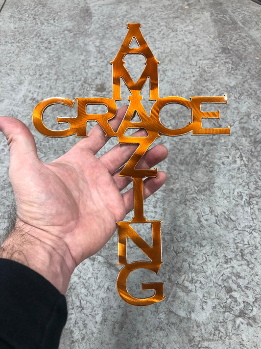 Amazing Grace Metal Cross, handcrafted from powder-coated metal with precision laser-cut details, perfect for home decor or gifts by CnS CnC.

