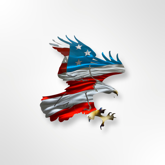 American Flying Eagle wall art, CNC cut and hand-polished with candy red and blue triple powder-coated finish, measuring 15 x 17 inches.