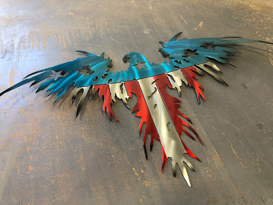 American Flying Eagle War Bird metal flag, hand-formed from American steel with Candy Red, Blue, and Clear powder-coated finish.