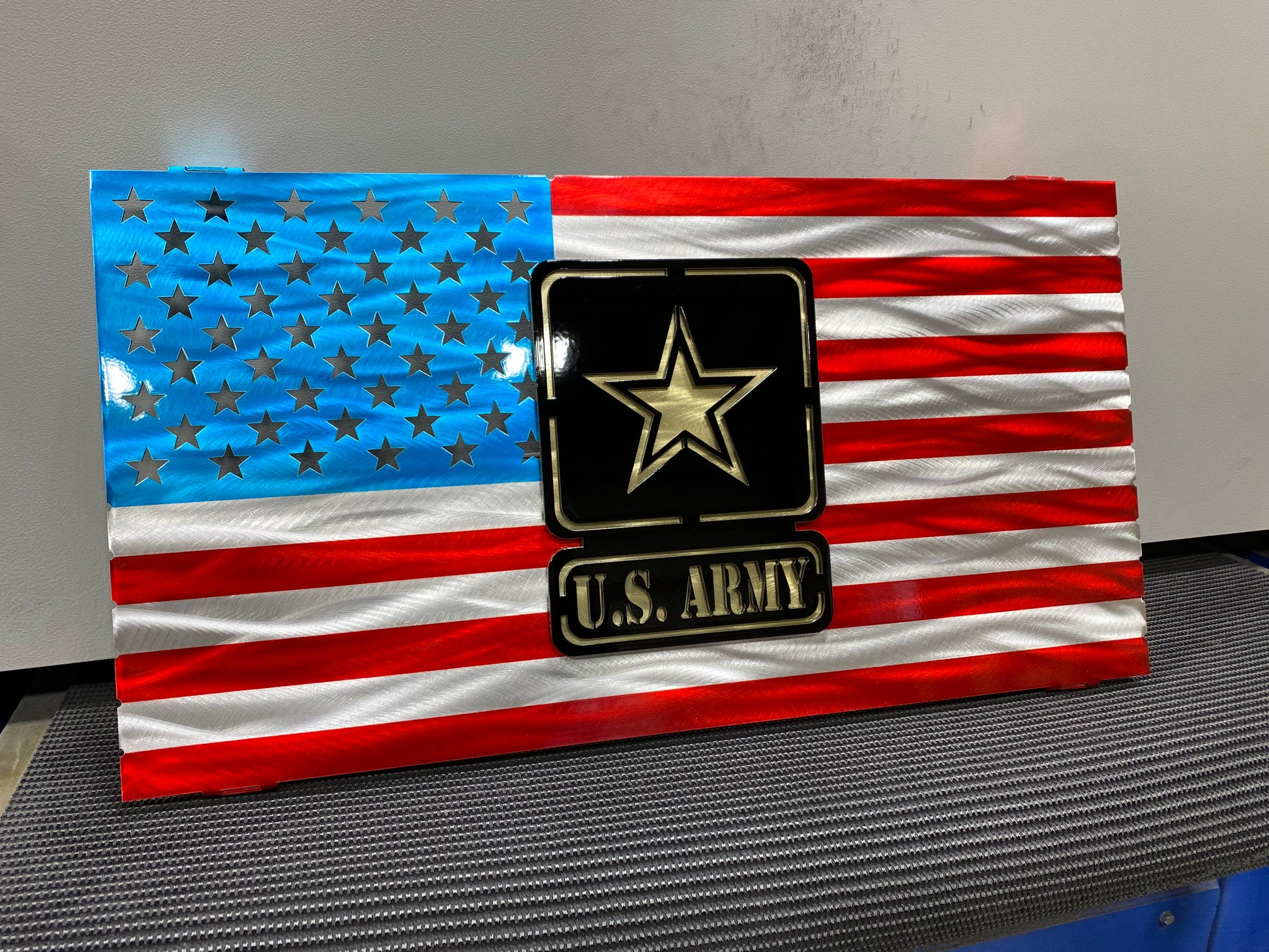 Army Logo Metal Flag with two-layer emblem, Candy Blue & Red powder coat, and floating wall mount design by CnS CnC. Made in the USA.