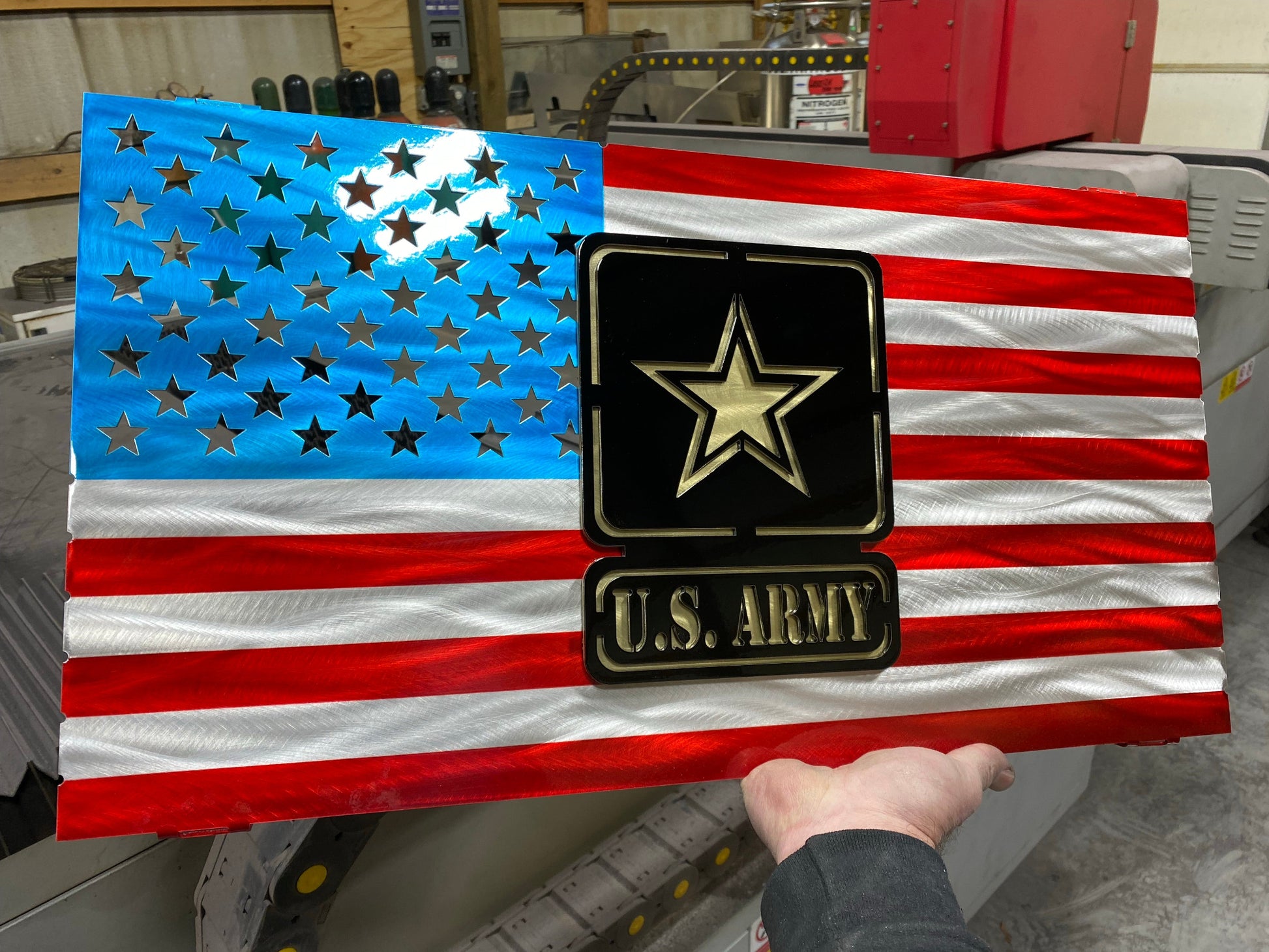 Army metal flag, military wall art, Army logo sign, veteran gift, CNC cut metal flag, custom military plaque, patriotic decor, two-layer Army emblem, handcrafted Army flag, Candy Red and Blue flag, powder-coated military sign, USA-made military tribute, Army veteran home decor, floating metal wall art