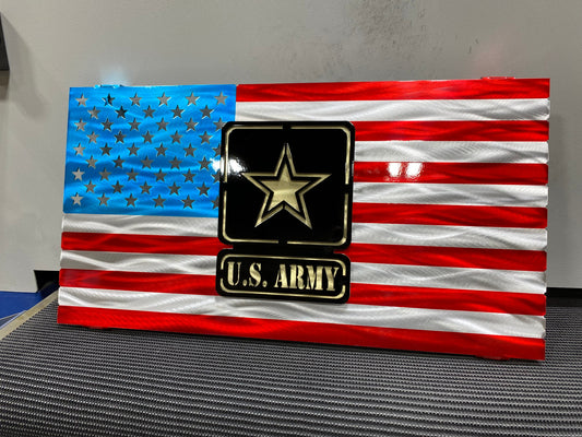 Army Logo Metal Flag with two-layer emblem, Candy Blue & Red powder coat, and floating wall mount design by CnS CnC. Made in the USA.