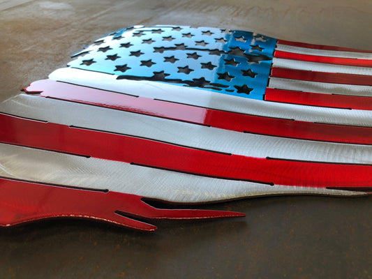Battle worn and tattered American flag in handcrafted metal, patriotic wall art by CnS CnC