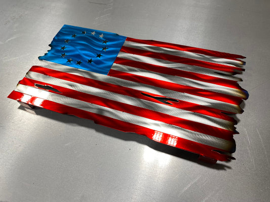 Betsy Ross 13 Colonies Flag, handcrafted metal American flag with a 13-star circle design, heat patina accents, and powder-coated finish by CnS CnC