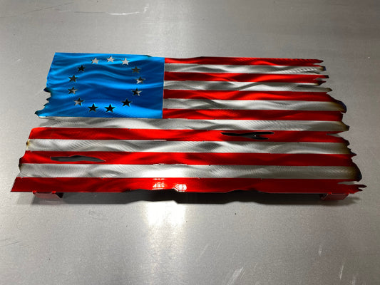 Betsy Ross 13 Colonies Flag, handcrafted metal American flag with a 13-star circle design, heat patina accents, and powder-coated finish by CnS CnC