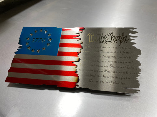 Betsy Ross Split Preamble Flag with annealed U.S. Constitution text, Candy Blue & Red powder coat, and handcrafted steel design by CnS CnC