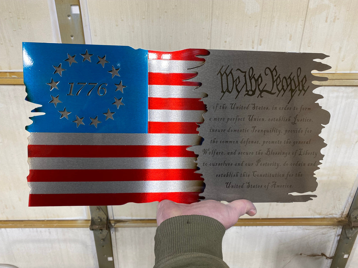 Betsy Ross Split Preamble Flag with annealed U.S. Constitution text, Candy Blue & Red powder coat, and handcrafted steel design by CnS CnC