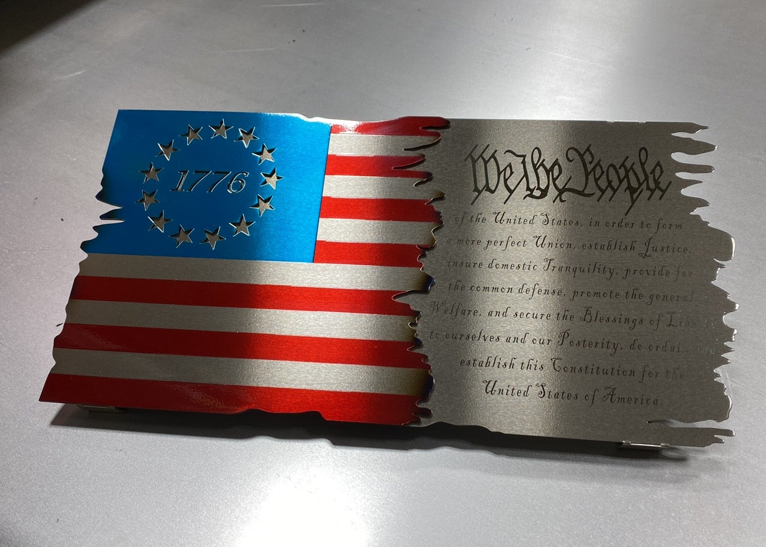 Betsy Ross Split Preamble Flag with annealed U.S. Constitution text, Candy Blue & Red powder coat, and handcrafted steel design by CnS CnC