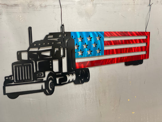 Big Rig Semi and Flag Trailer metal wall art, handcrafted from American steel, featuring a classic square-nose truck with an American flag trailer by CnS CnC.