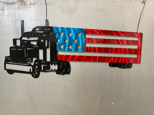 Big Rig Semi and Flag Trailer metal wall art, handcrafted from American steel, featuring a classic square-nose truck with an American flag trailer by CnS CnC.