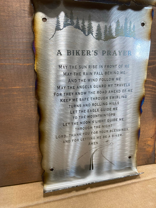 Biker’s Prayer Scroll, handcrafted metal wall art with laser-etched prayer and rugged scroll edges, made from American steel by CnS CnC.