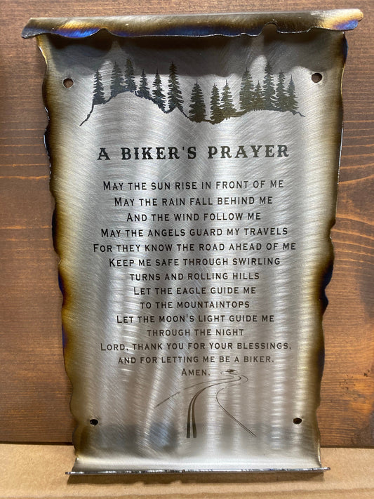 Biker’s Prayer Scroll, handcrafted metal wall art with laser-etched prayer and rugged scroll edges, made from American steel by CnS CnC.