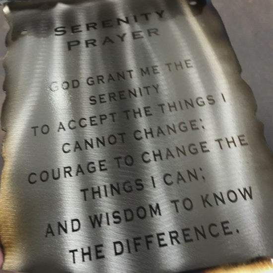 Serenity Prayer Metal Scroll, handcrafted American steel wall art with laser-etched text, heat patina accents, and a clear powder coat finish by CnS CnC.