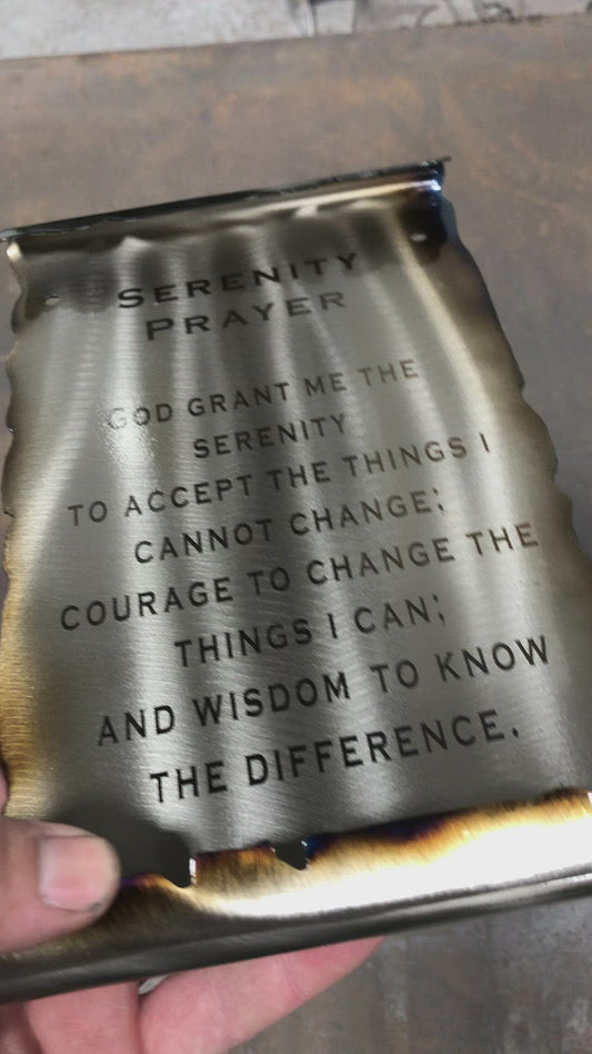 Serenity Prayer Metal Scroll, handcrafted American steel wall art with laser-etched text, heat patina accents, and a clear powder coat finish by CnS CnC.