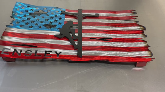 Tattered Lineman Flag with Personalization, handcrafted metal wall art featuring a floating lineman silhouette and custom details, made by CnS CnC.