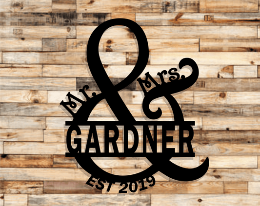 Custom Mr. & Mrs. family monogram metal sign with personalized last name and established date, powder-coated on both sides for durability.