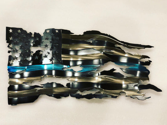 Distressed Thin Blue Line Flag with a rugged four-stage powder-coated finish, 24 inches wide, honoring law enforcement.
