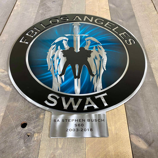 FBI SWAT 3-layered metal wall art with custom engraving, precision-cut steel design, and durable powder-coated finish – handcrafted in the USA by CnS CnC