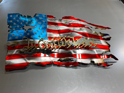 In God We Trust battle-worn metal flag – distressed patriotic wall art, perfect for veterans, military spaces, and American home decor by CnS CnC