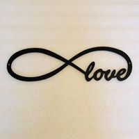 Infinity Love metal wall art made from powder-coated steel, 18 inches wide, suitable for indoor or outdoor display.