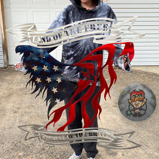 Land of the Free, Because of the Brave metal eagle wall art with battle-worn flag finish, handcrafted with heat patina and Candy Red powder coat by CnS CnC.