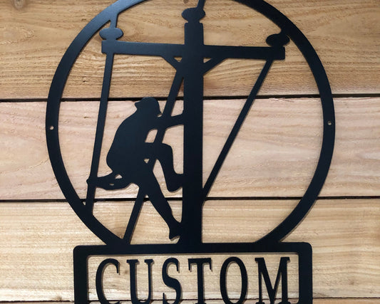 Custom Large Lineman Monogram featuring a personalized last name, crafted from powder-coated aluminum for electricians and powerline workers.