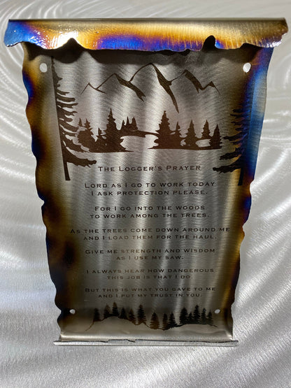 Loggers Prayer Scroll Sign, handcrafted metal wall art with laser-etched tree line and prayer, heat patina accents, and scroll edges by CnS CnC.