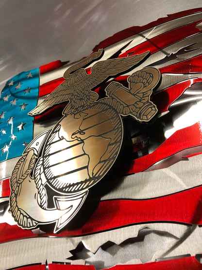 Marine Corps Premium Metal Flag with floating laser-engraved USMC insignia, powder-coated and detailed with hand-formed waves.