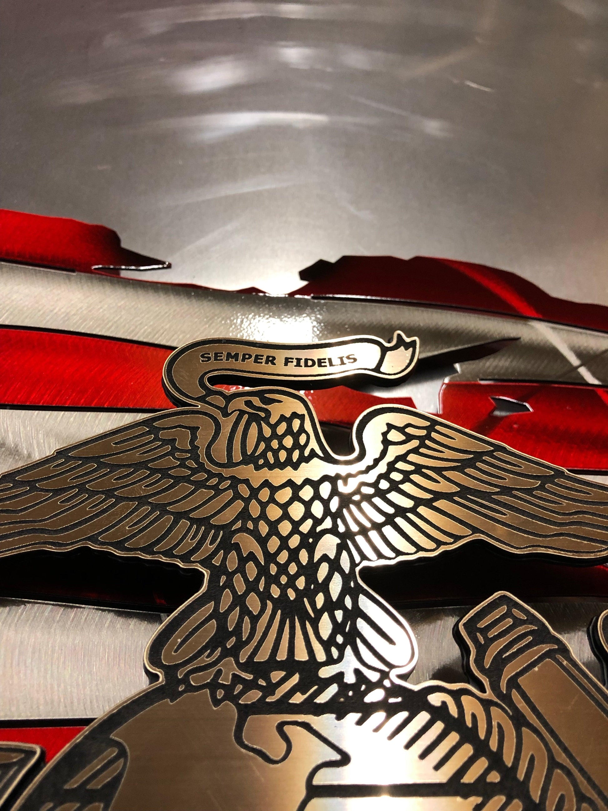 Marine Corps Premium Metal Flag with floating laser-engraved USMC insignia, powder-coated and detailed with hand-formed waves.