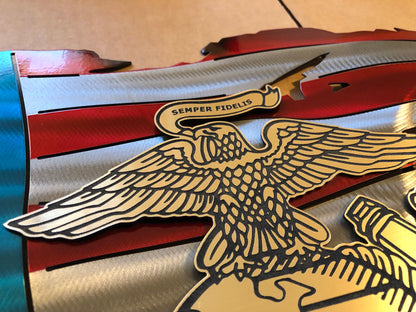 Marine Corps Premium Metal Flag with floating laser-engraved USMC insignia, powder-coated and detailed with hand-formed waves.
