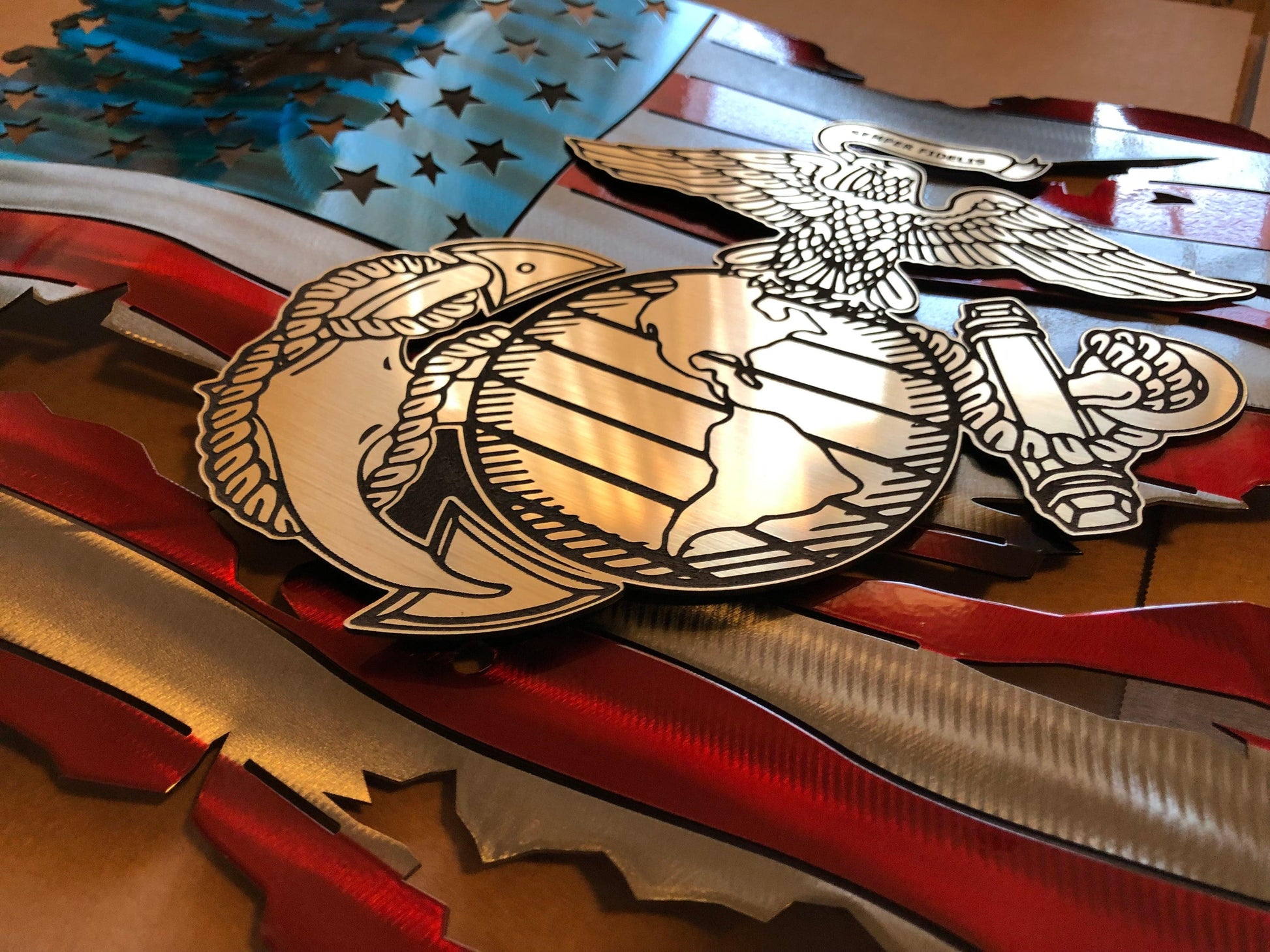 Marine Corps Premium Metal Flag with floating laser-engraved USMC insignia, powder-coated and detailed with hand-formed waves.