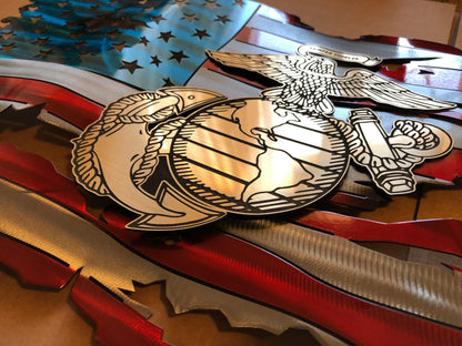 Marine Corps Premium Metal Flag with floating laser-engraved USMC insignia, powder-coated and detailed with hand-formed waves.