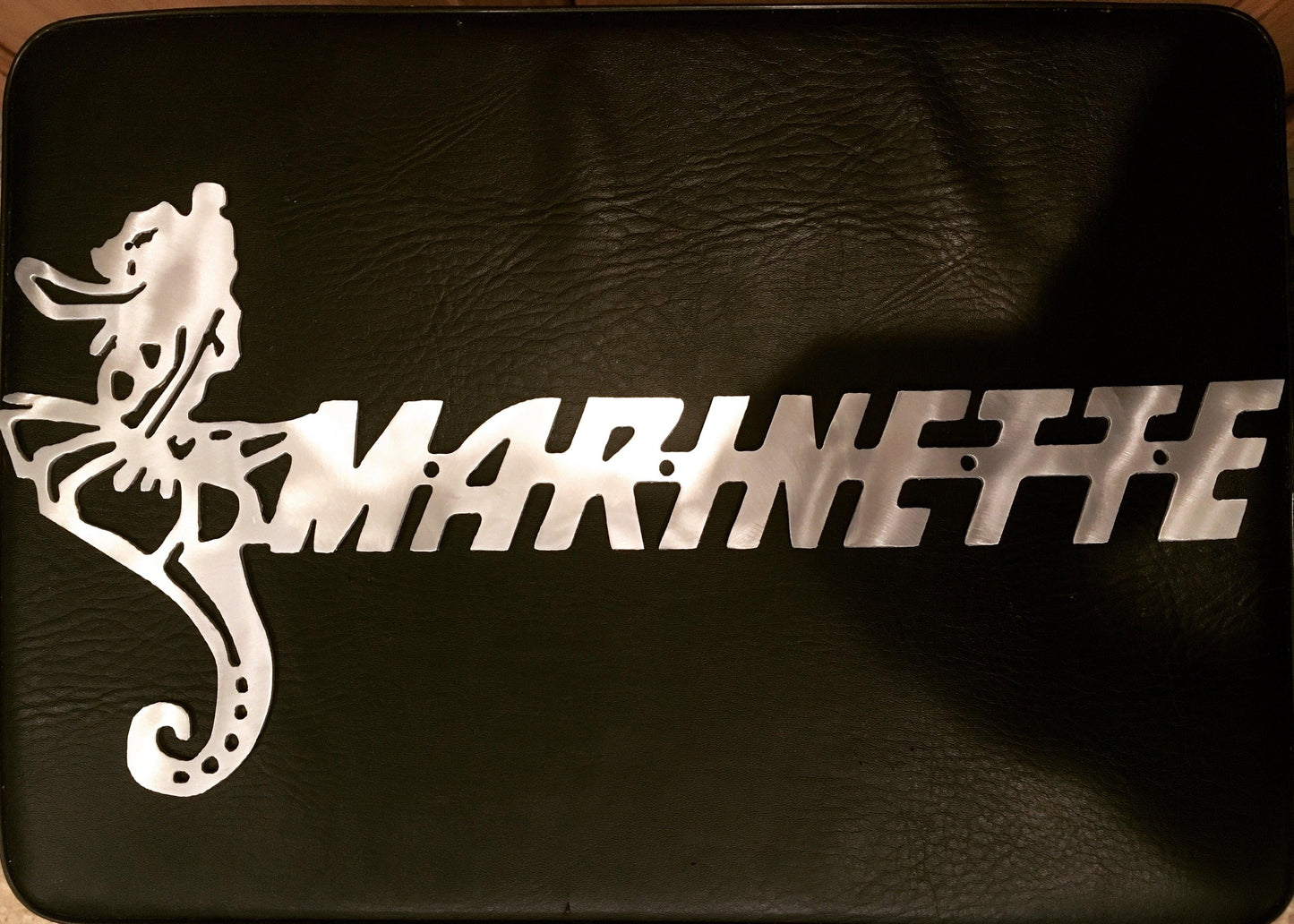 Set of aluminum Marinette boat logos with seahorse design, CNC cut metal art by CnS CnC