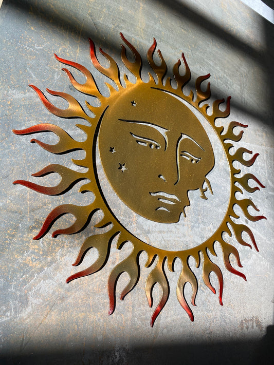 Moon and Sun Metal Art, handcrafted steel wall decor with choice of blended powder coat, copper patina, or solid color finish by CnS CnC.